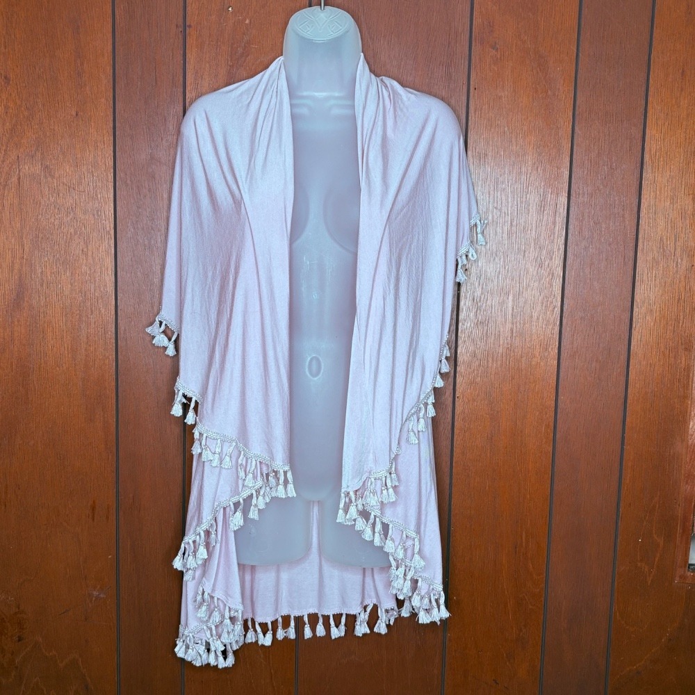 Gena Accessories Cardigan M/L Tassel Pom Poms Open Pink Boho Festival Coastal‎